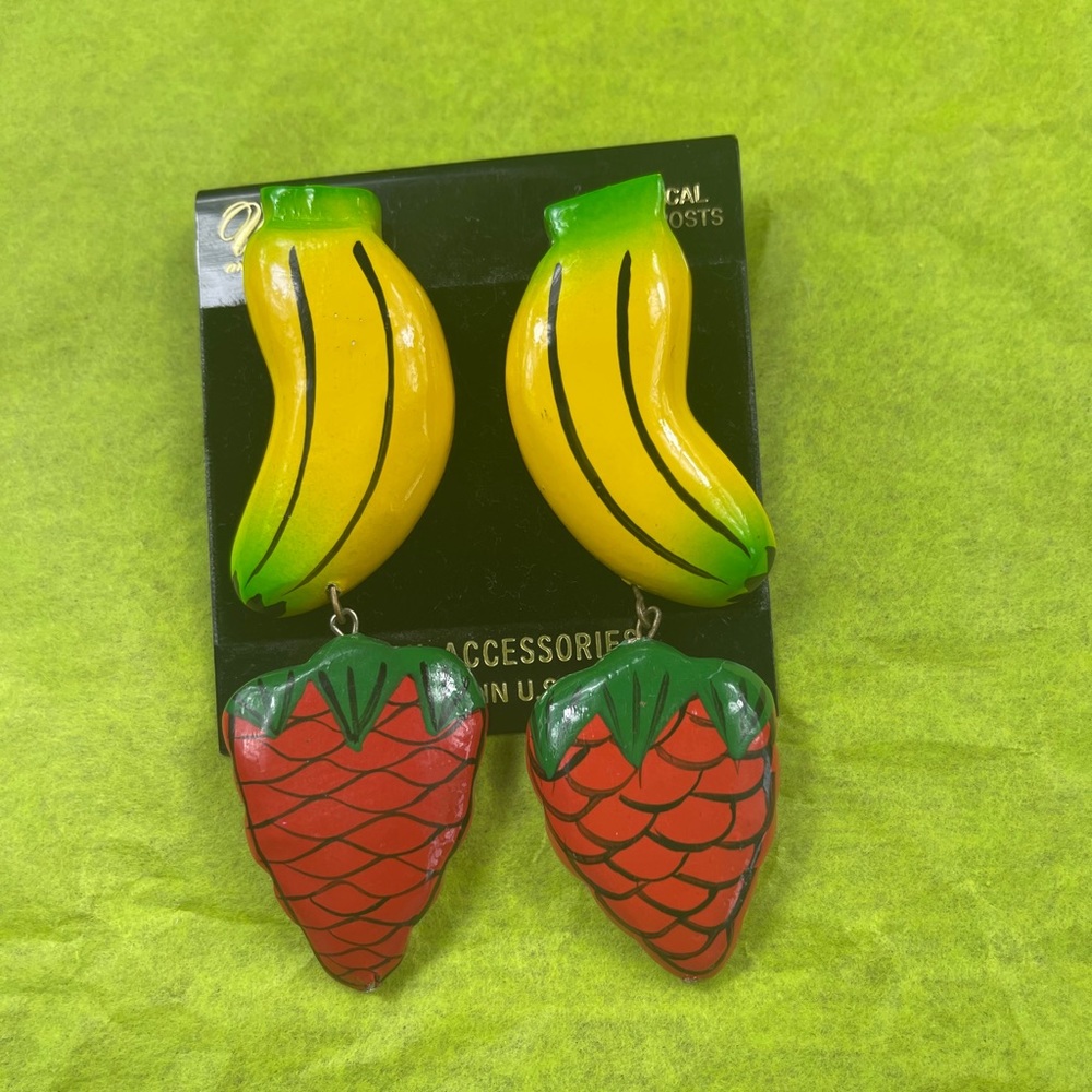 Banana & Strawberry , Wood Hand painted Earrings.
